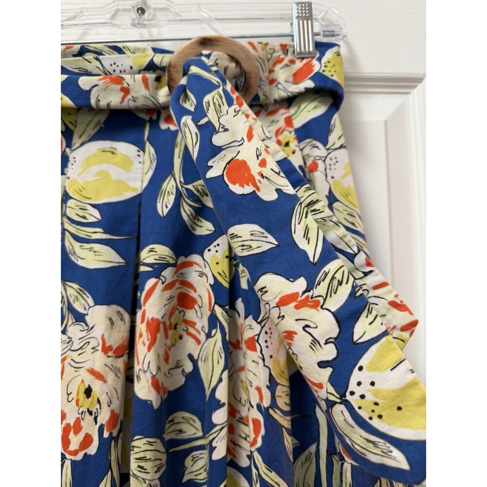Hunter Bell New York Floral Midi Skirt Size 2 Cotton A-Line Belted Blue Resort - Picture 2 of 10